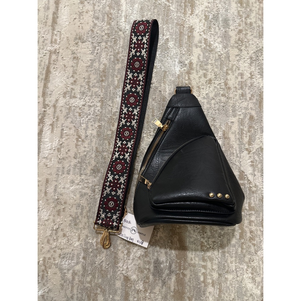 Pretty Simple Austin Sling Bag Black Vegan Leather Embroidered Guitar Strap NEW